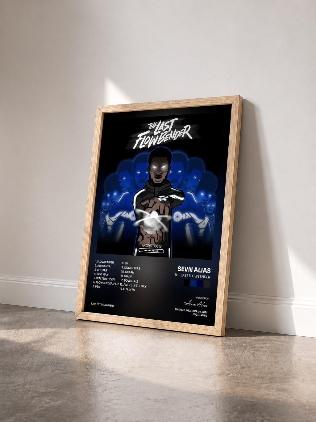 #bois Tableau de l'album The Last Flowbender de Sevn Alias vu de trois quarts, cadre en bois brut