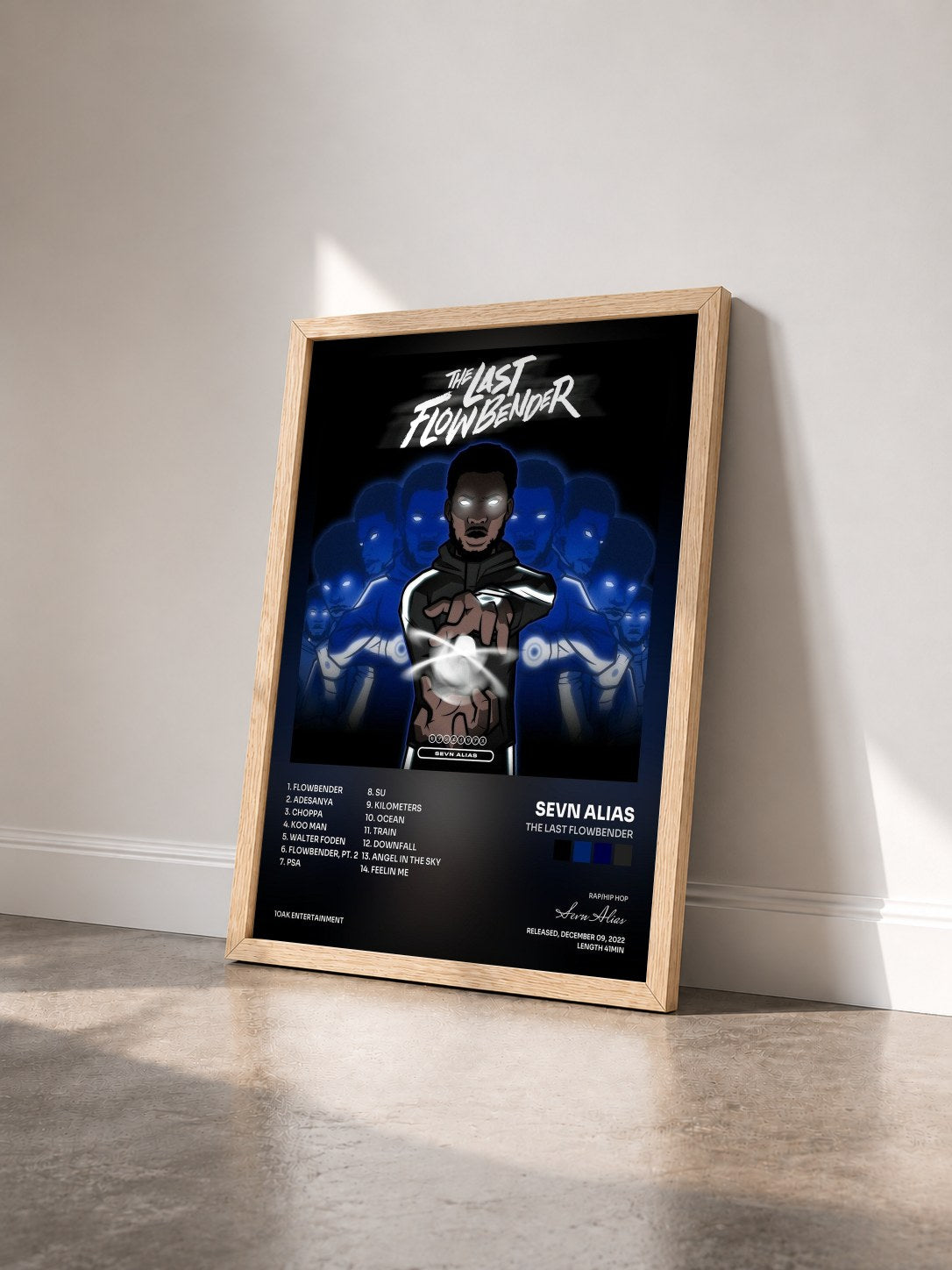 #bois Tableau de l'album The Last Flowbender de Sevn Alias vu de trois quarts, cadre en bois brut