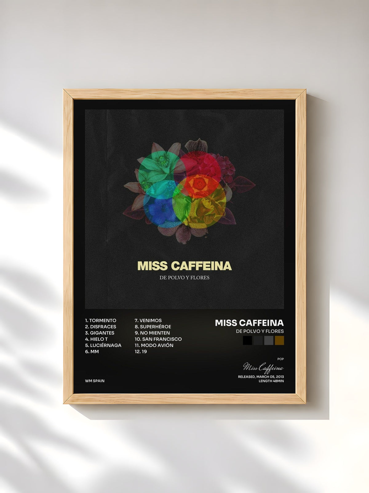 #bois Tableau de l'album De polvo y flores de Miss Caffeina, cadre en bois brut, imprimé et encadré en France