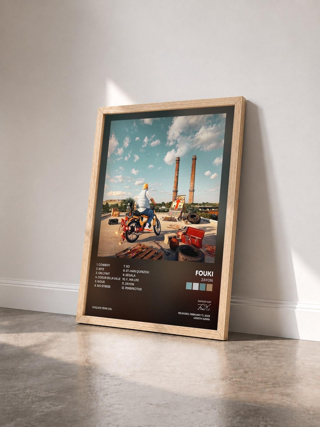 #bois Tableau de l'album Zayon de FouKi vu de trois quarts, cadre en bois brut