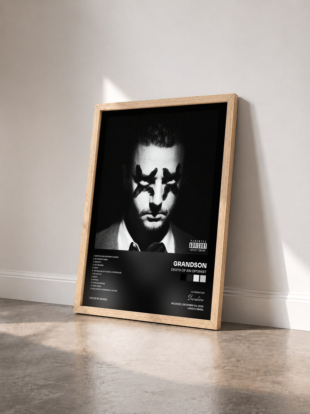#bois Tableau de l'album Death Of An Optimist de Grandson vu de trois quarts, cadre en bois brut
