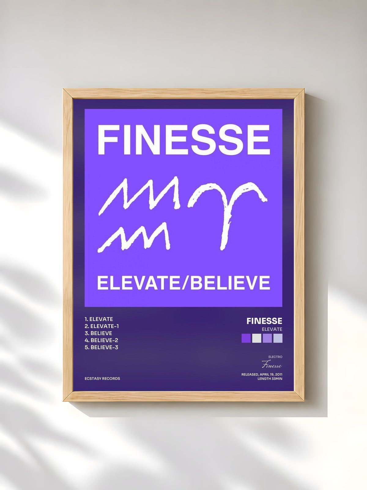 #bois Tableau de l'album Elevate de Finesse, cadre en bois brut, imprimé et encadré en France