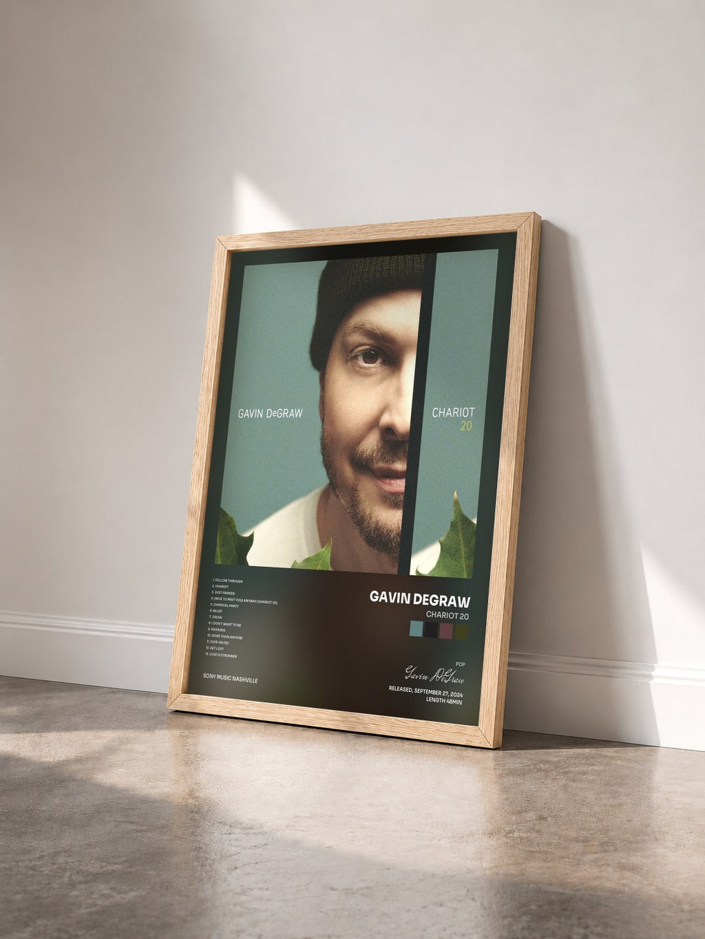 #bois Tableau de l'album Chariot 20 de Gavin DeGraw vu de trois quarts, cadre en bois brut