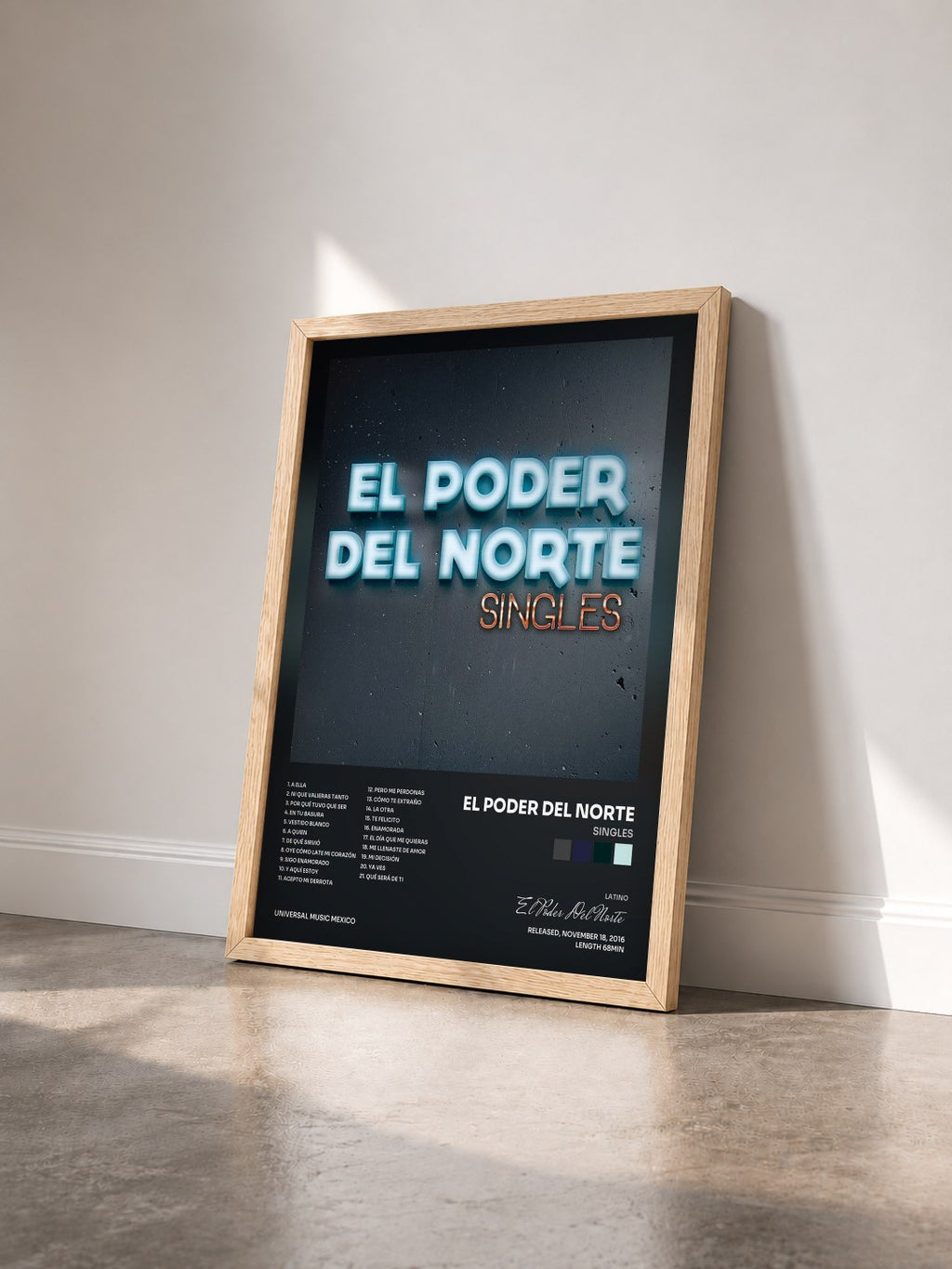 #bois Tableau de l'album Singles de El Poder Del Norte vu de trois quarts, cadre en bois brut
