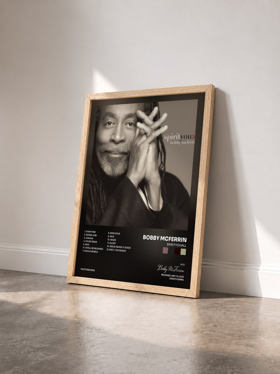 #bois Tableau de l'album spirityouall de Bobby McFerrin vu de trois quarts, cadre en bois brut