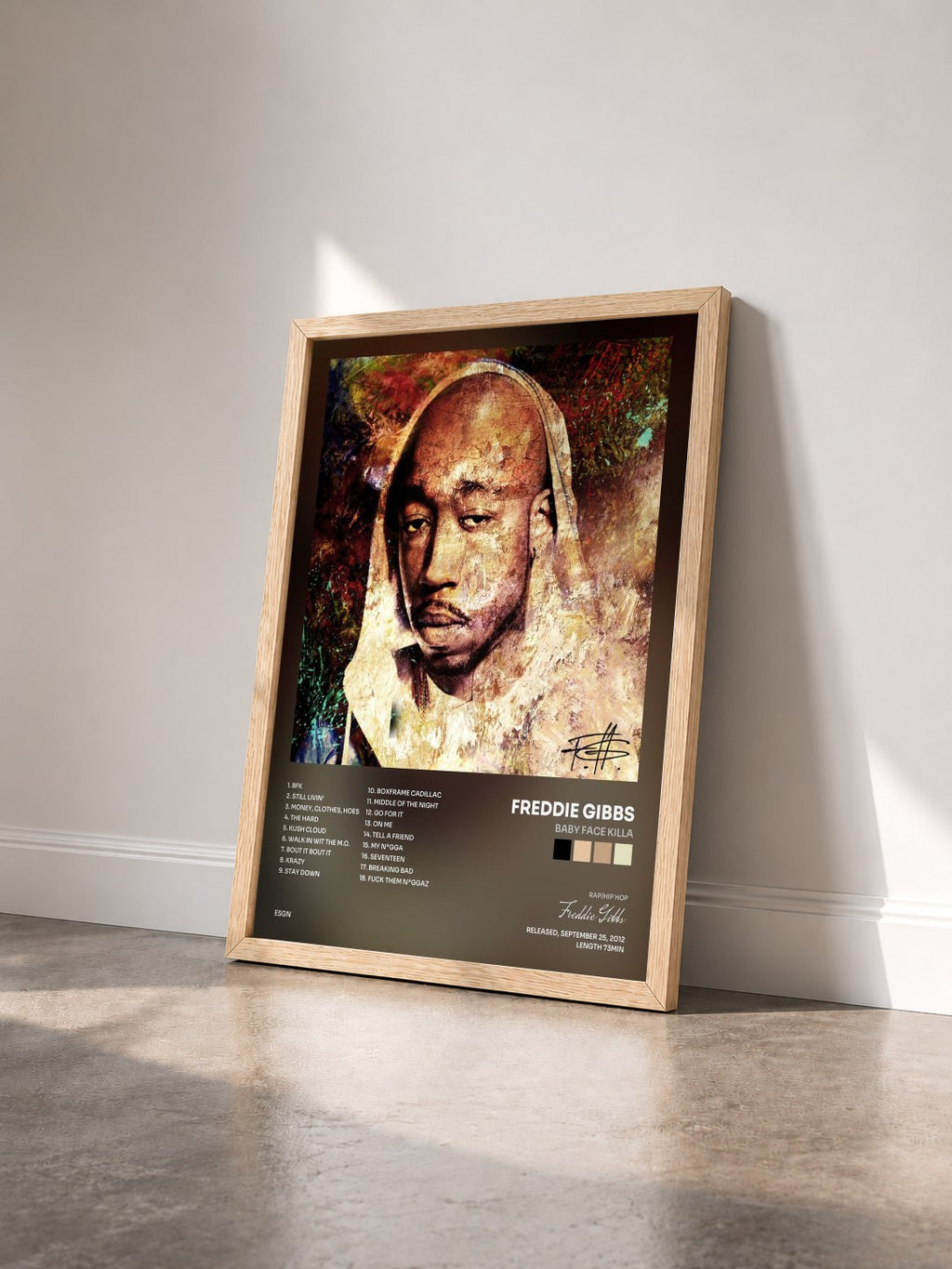 #bois Tableau de l'album Baby Face Killa de Freddie Gibbs vu de trois quarts, cadre en bois brut