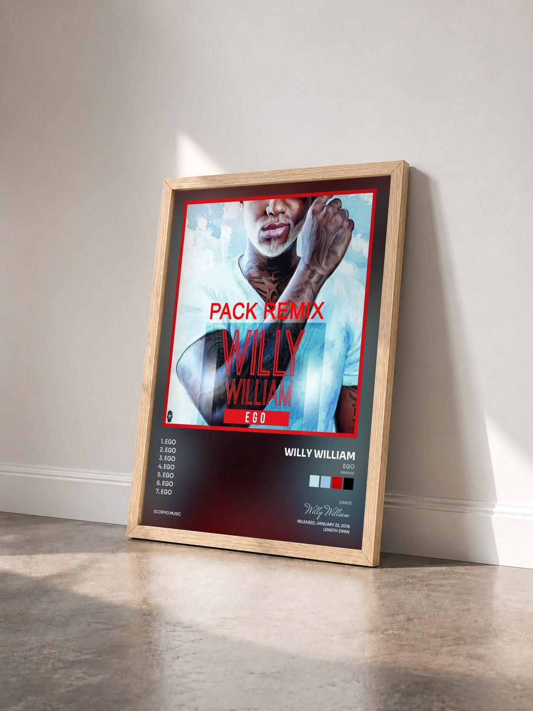 #bois Tableau de l'album Ego (Remixes) de Willy William vu de trois quarts, cadre en bois brut