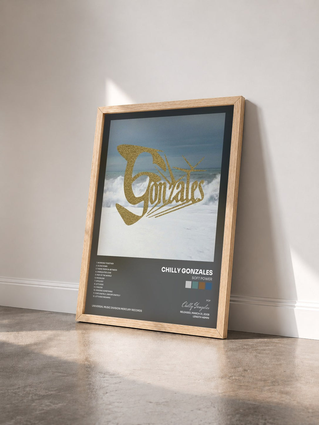 #bois Tableau de l'album Soft Power de Chilly Gonzales vu de trois quarts, cadre en bois brut