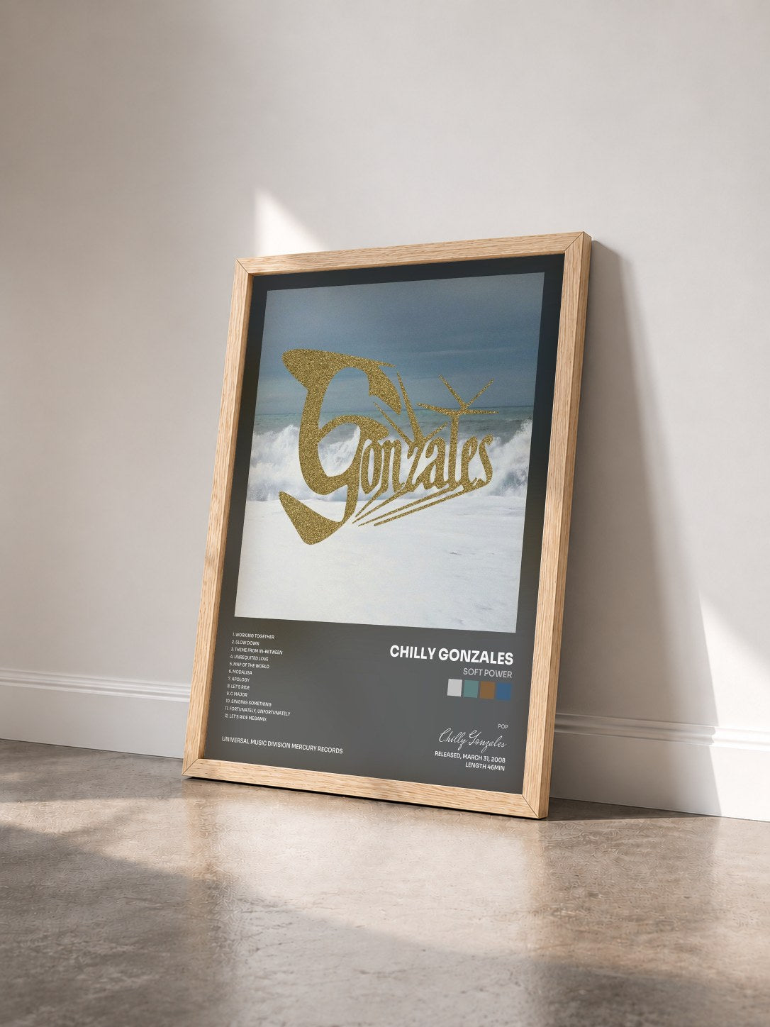 #bois Tableau de l'album Soft Power de Chilly Gonzales vu de trois quarts, cadre en bois brut