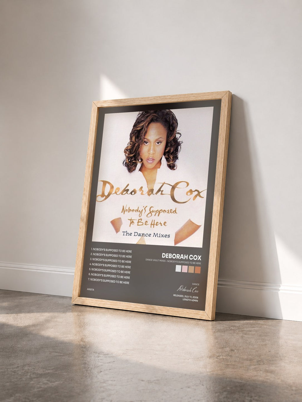 #bois Tableau de l'album Dance Vault Mixes - Nobody's Supposed To Be Here de Deborah Cox vu de trois quarts, cadre en bois brut