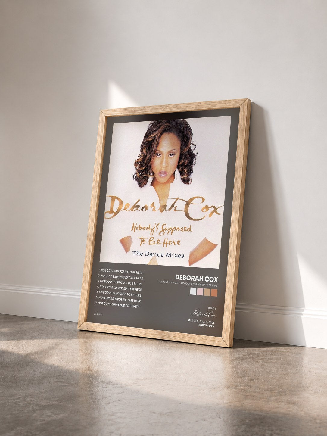 #bois Tableau de l'album Dance Vault Mixes - Nobody's Supposed To Be Here de Deborah Cox vu de trois quarts, cadre en bois brut