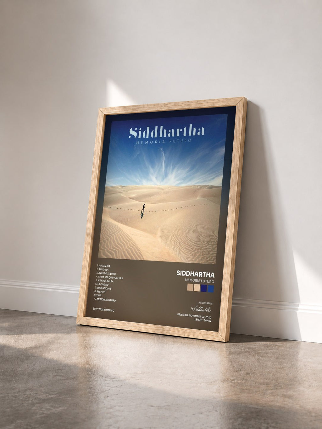 #bois Tableau de l'album MEMORIA FUTURO de Siddhartha vu de trois quarts, cadre en bois brut