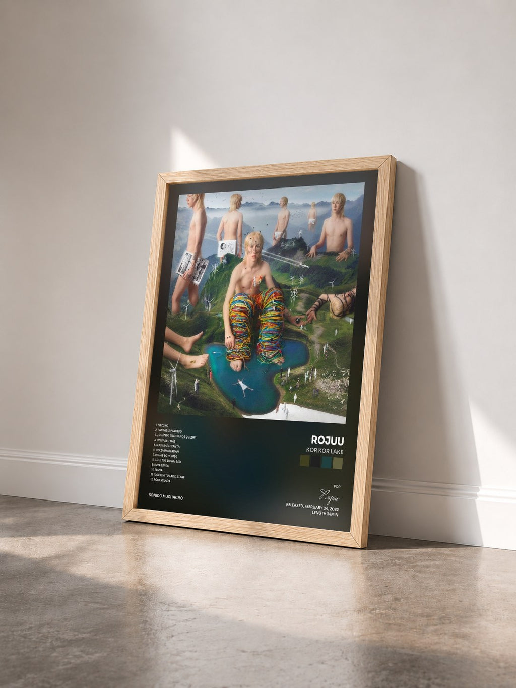#bois Tableau de l'album KOR KOR LAKE de Rojuu vu de trois quarts, cadre en bois brut