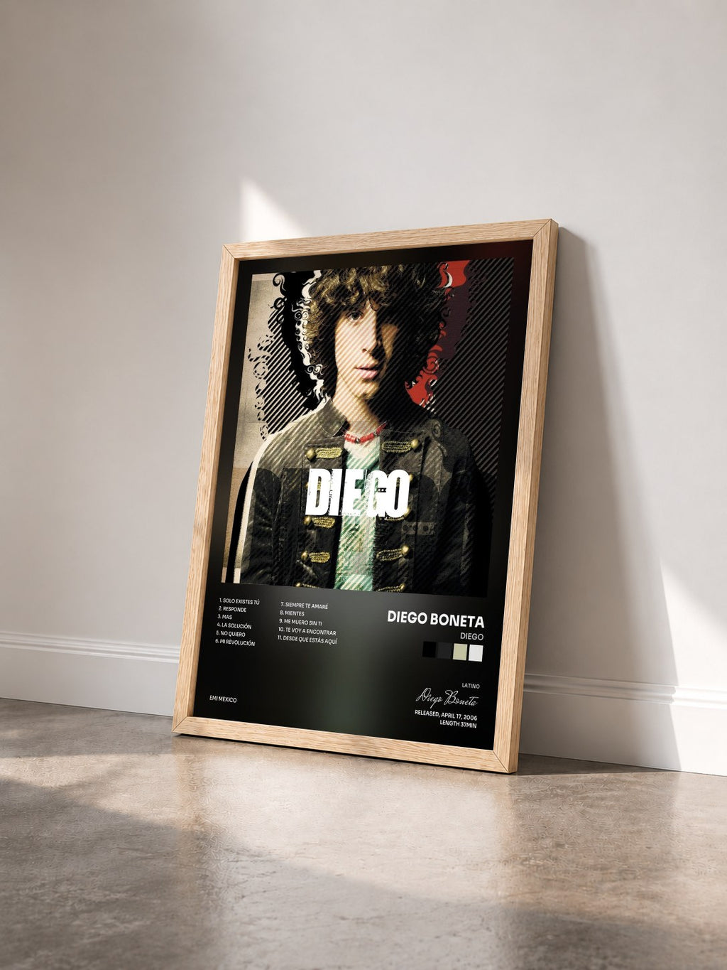 #bois Tableau de l'album Diego de Diego Boneta vu de trois quarts, cadre en bois brut