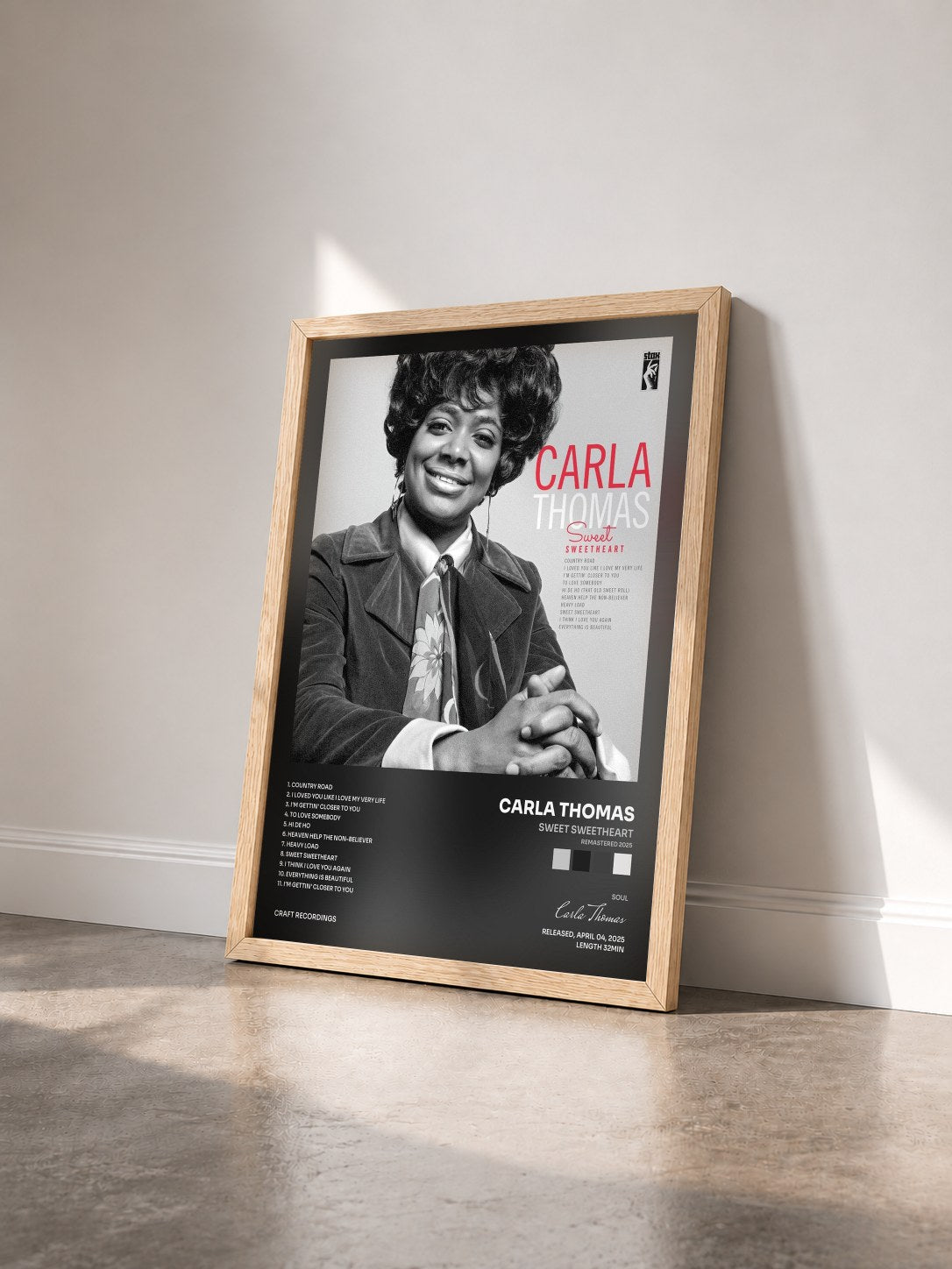 #bois Tableau de l'album Sweet Sweetheart (Remastered 2025) de Carla Thomas vu de trois quarts, cadre en bois brut