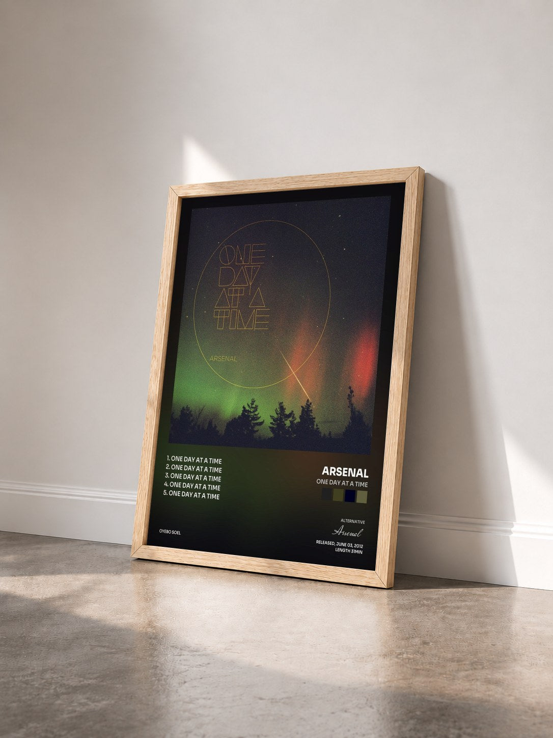 #bois Tableau de l'album One Day At A Time de Arsenal vu de trois quarts, cadre en bois brut