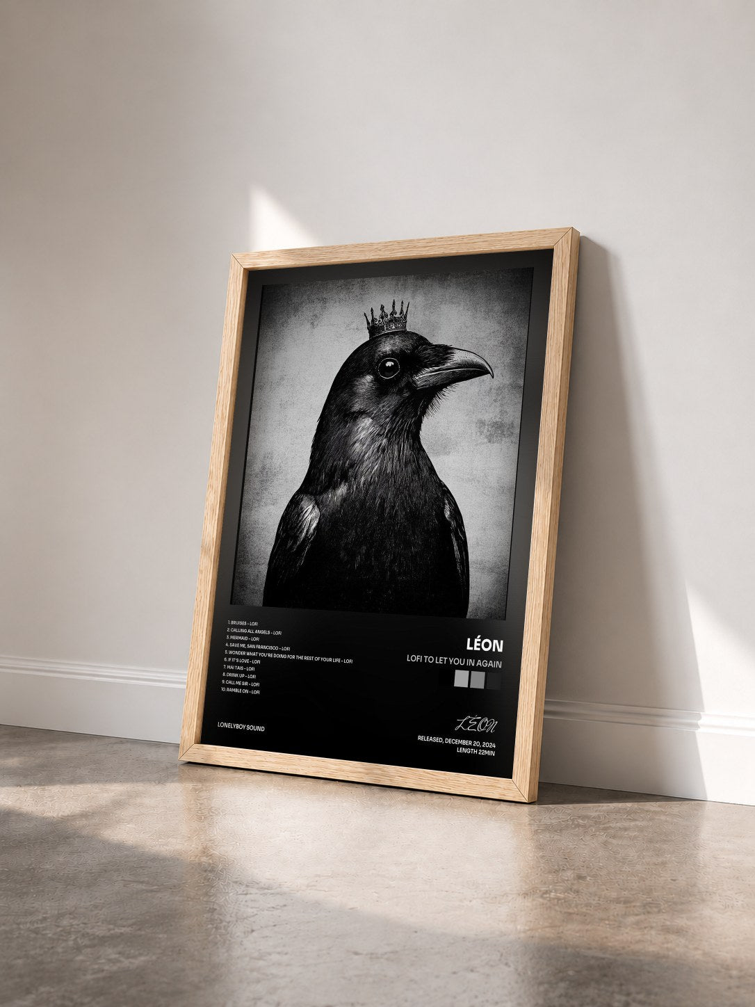 #bois Tableau de l'album lofi to let you in again de LÉON vu de trois quarts, cadre en bois brut