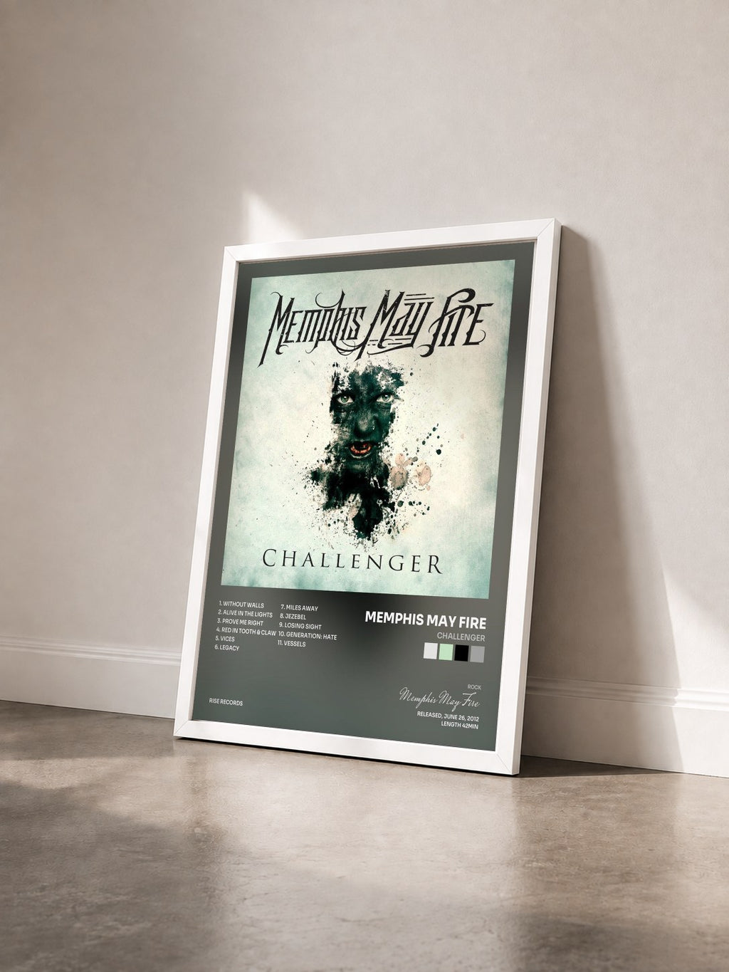 #blanc Tableau de l'album Challenger de Memphis May Fire vu de trois quarts, cadre blanc