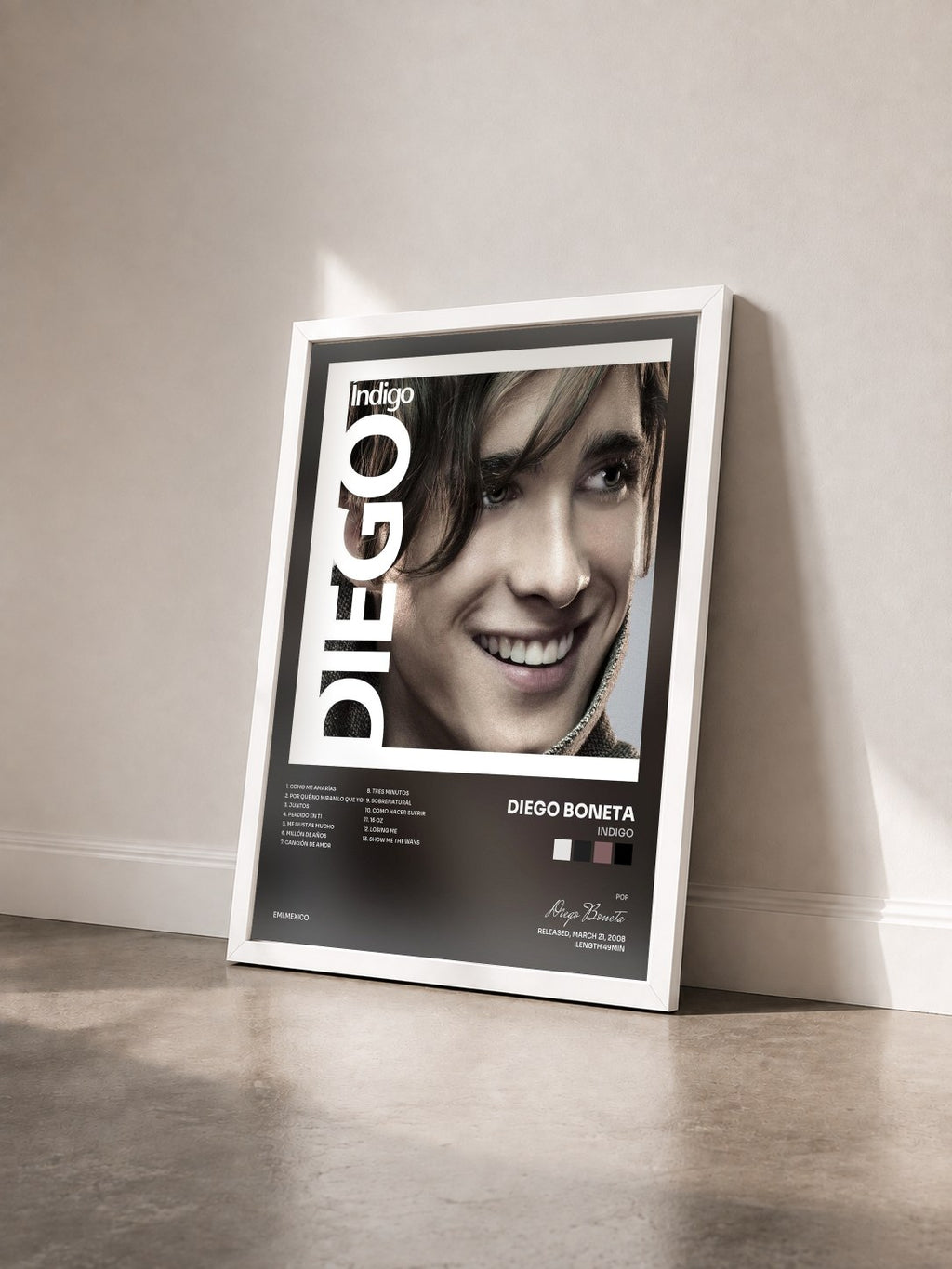 #blanc Tableau de l'album Indigo de Diego Boneta vu de trois quarts, cadre blanc