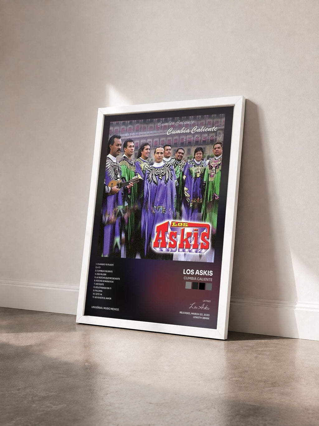 #blanc Tableau de l'album Cumbia Caliente de Los Askis vu de trois quarts, cadre blanc