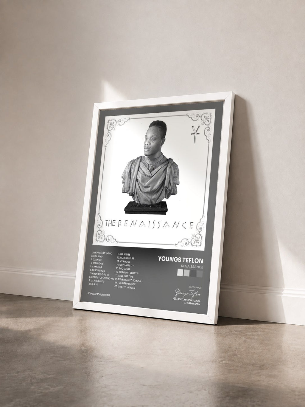 #blanc Tableau de l'album Renaissance de Youngs Teflon vu de trois quarts, cadre blanc