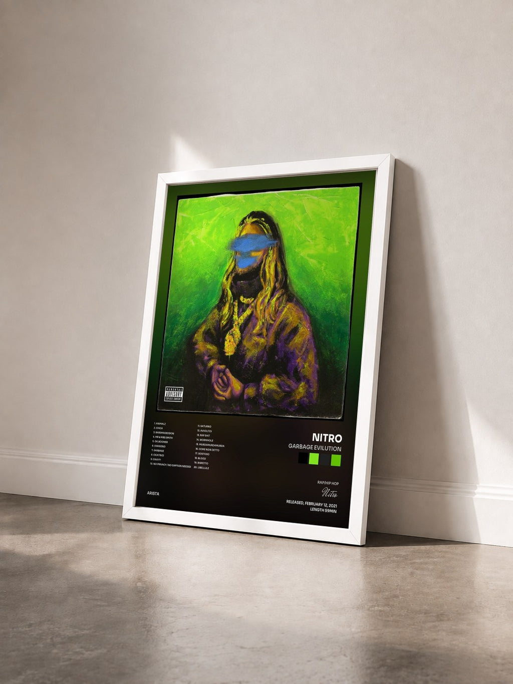 #blanc Tableau de l'album GarbAge Evilution de Nitro vu de trois quarts, cadre blanc