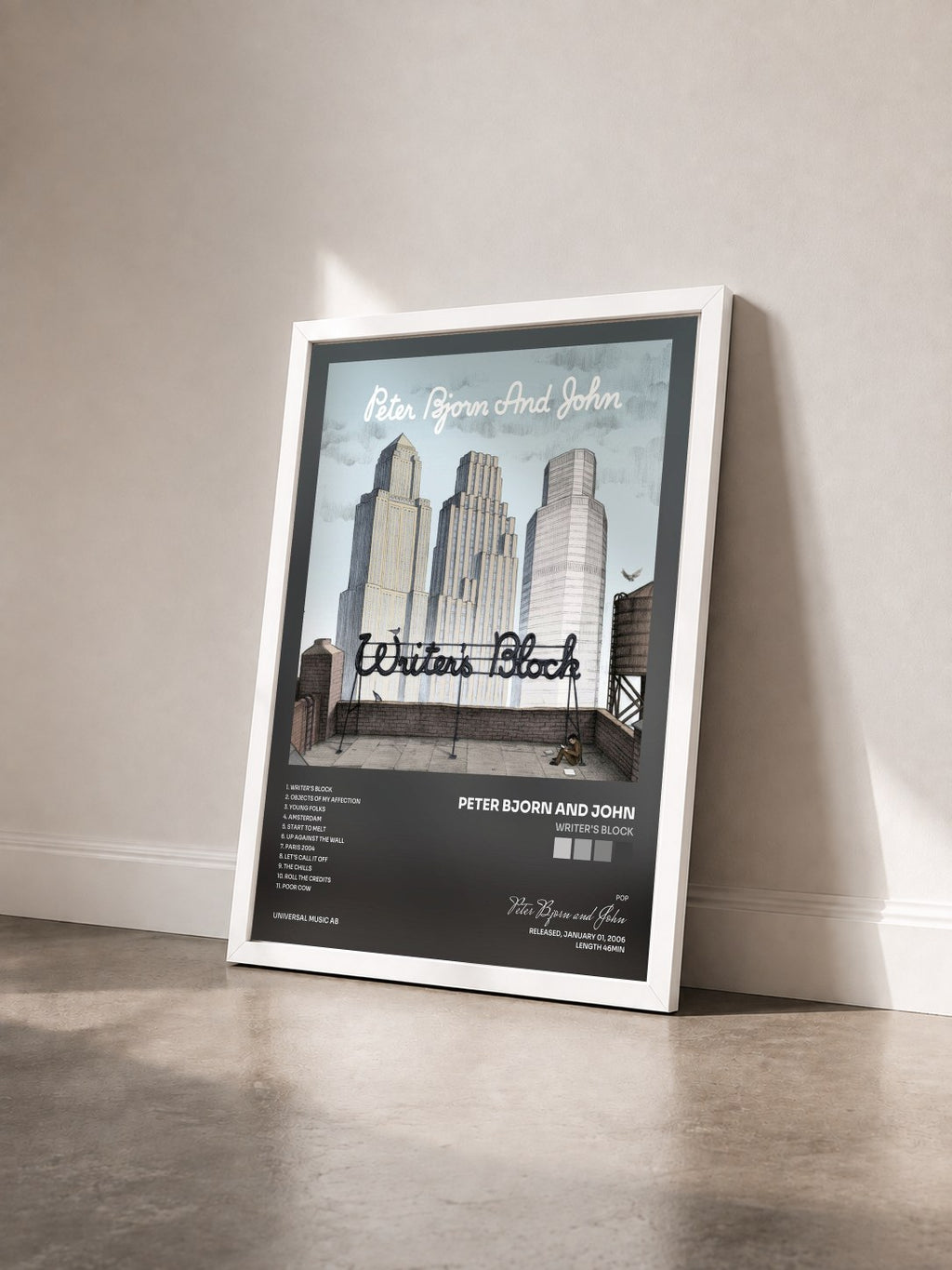 #blanc Tableau de l'album Writer's Block de Peter Bjorn and John vu de trois quarts, cadre blanc