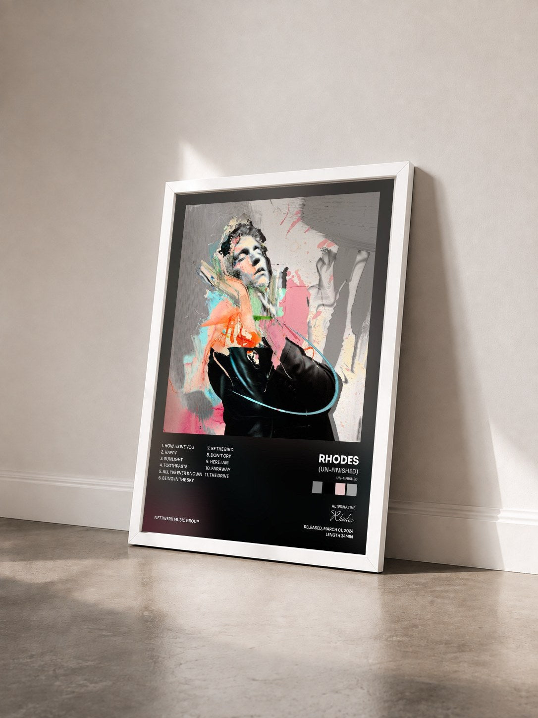 #blanc Tableau de l'album (un-finished) de Rhodes vu de trois quarts, cadre blanc