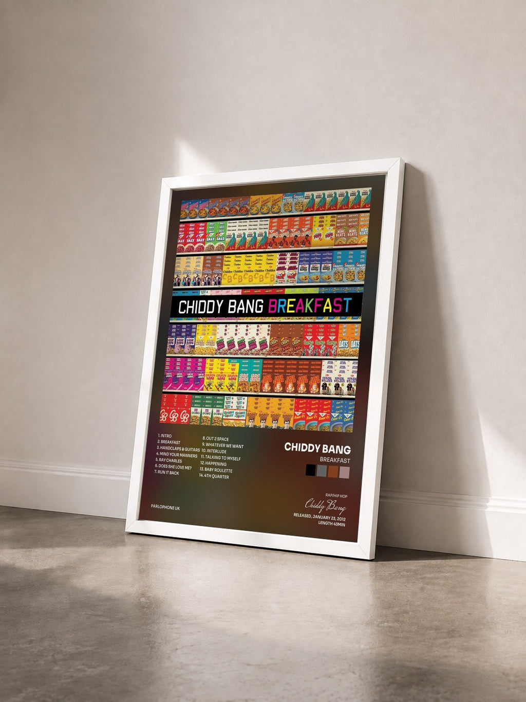 #blanc Tableau de l'album Breakfast de Chiddy Bang vu de trois quarts, cadre blanc