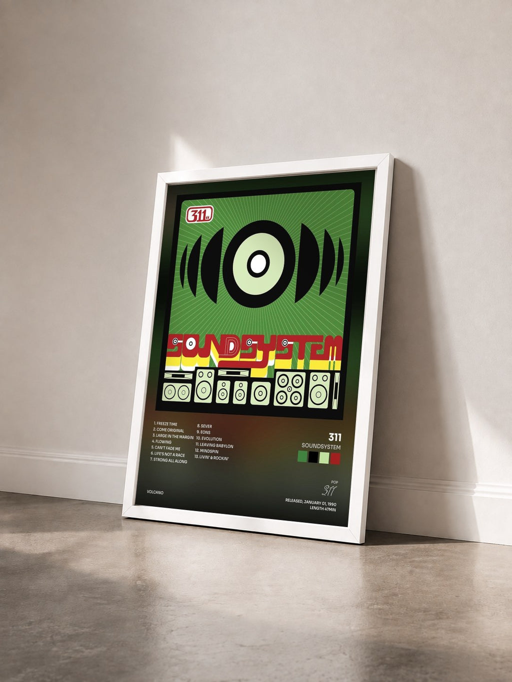 #blanc Tableau de l'album Soundsystem de 311 vu de trois quarts, cadre blanc