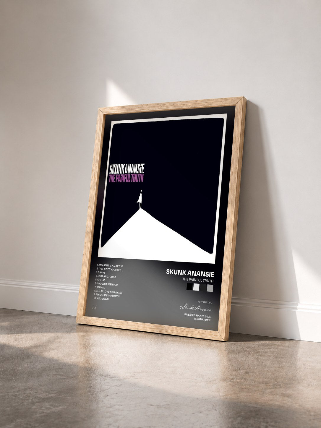 #bois Tableau de l'album The Painful Truth de Skunk Anansie vu de trois quarts, cadre en bois brut