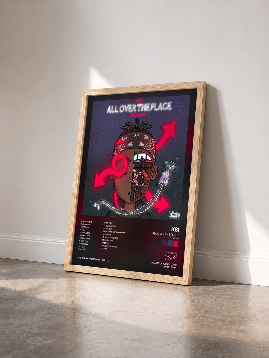 #bois Tableau de l'album All Over The Place (Deluxe) de KSI vu de trois quarts, cadre en bois brut