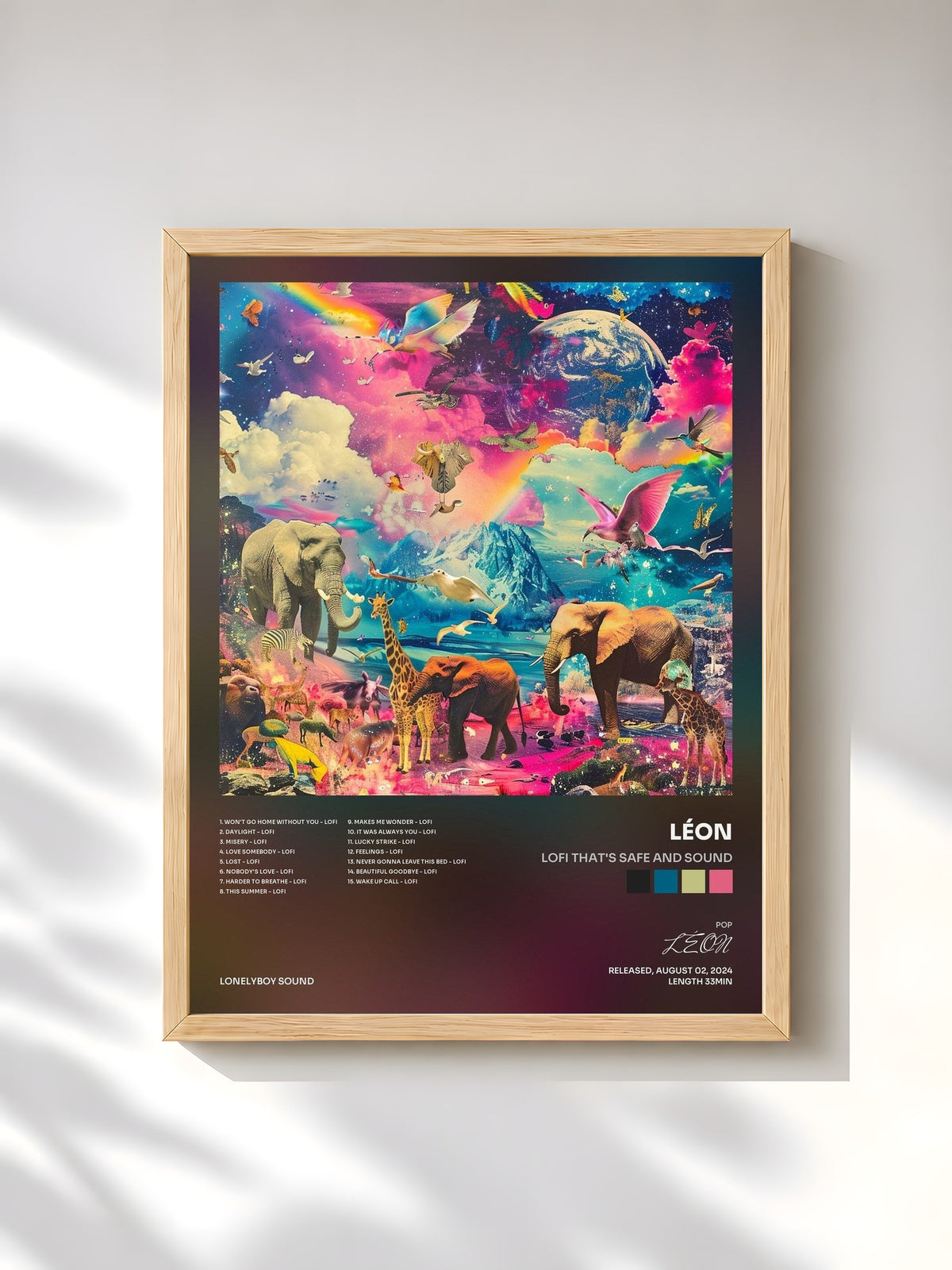 #bois Tableau de l'album lofi that's safe and sound de LÉON, cadre en bois brut, imprimé et encadré en France