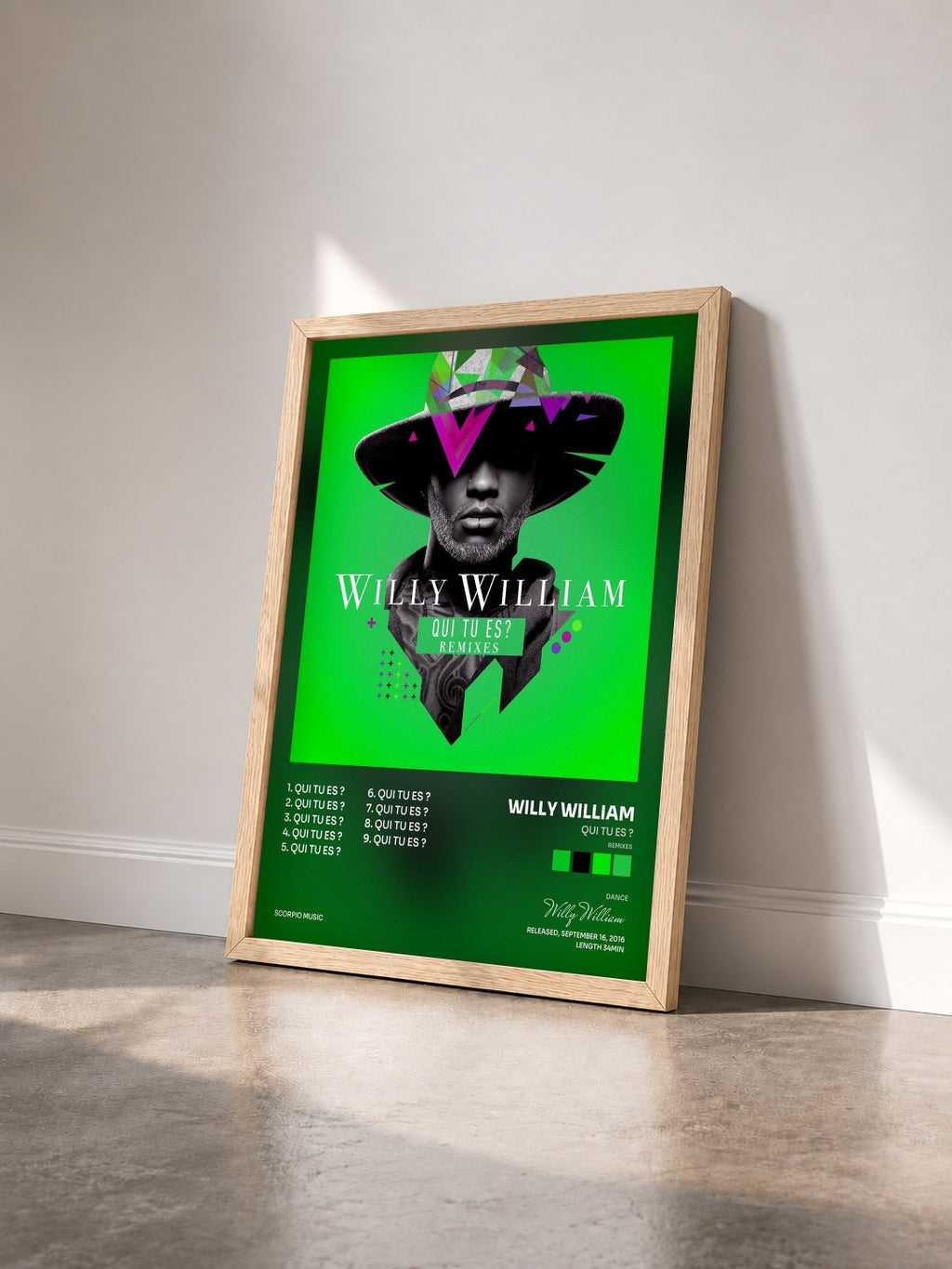 #bois Tableau de l'album Qui tu es ? (Remixes) de Willy William vu de trois quarts, cadre en bois brut
