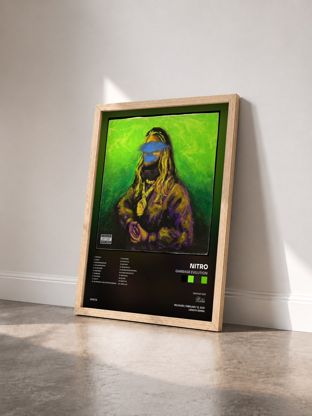 #bois Tableau de l'album GarbAge Evilution de Nitro vu de trois quarts, cadre en bois brut