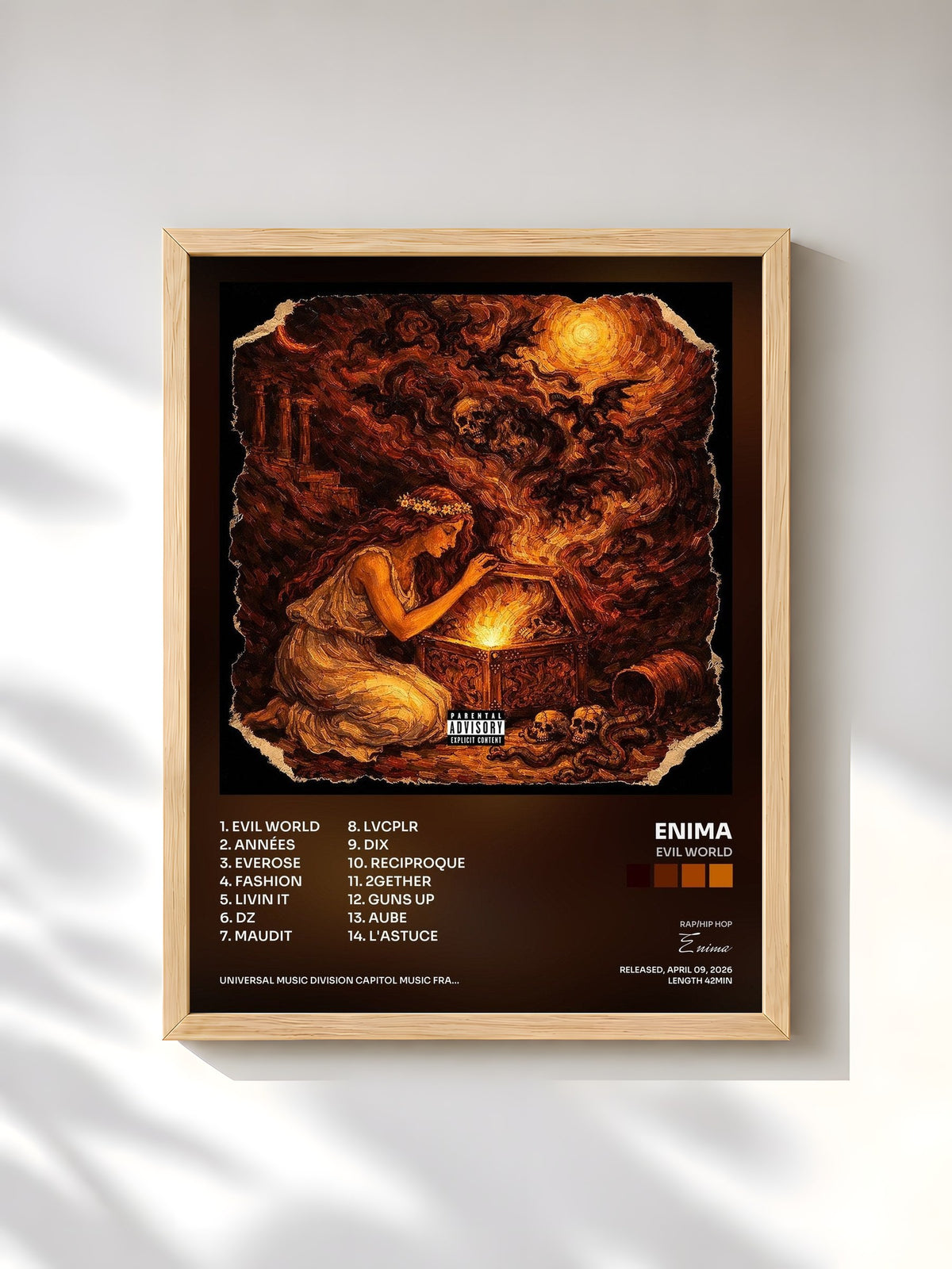 #bois Tableau de l'album EVIL WORLD de Enima, cadre en bois brut, imprimé et encadré en France