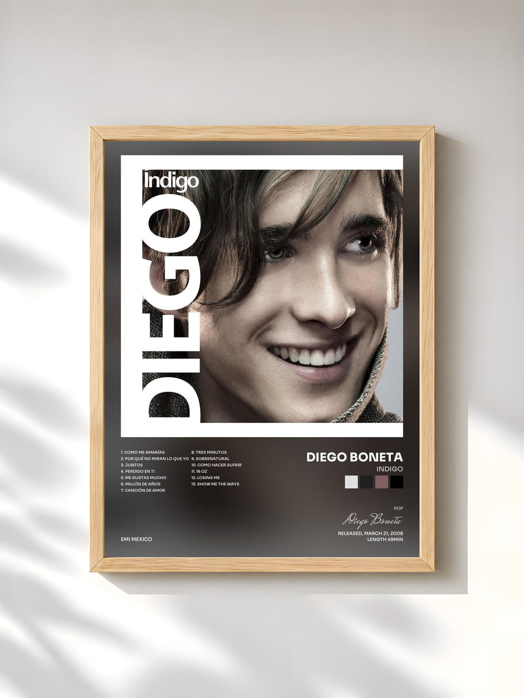 #bois Tableau de l'album Indigo de Diego Boneta, cadre en bois brut, imprimé et encadré en France
