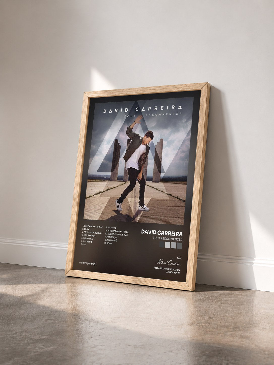 #bois Tableau de l'album Tout recommencer de David Carreira vu de trois quarts, cadre en bois brut