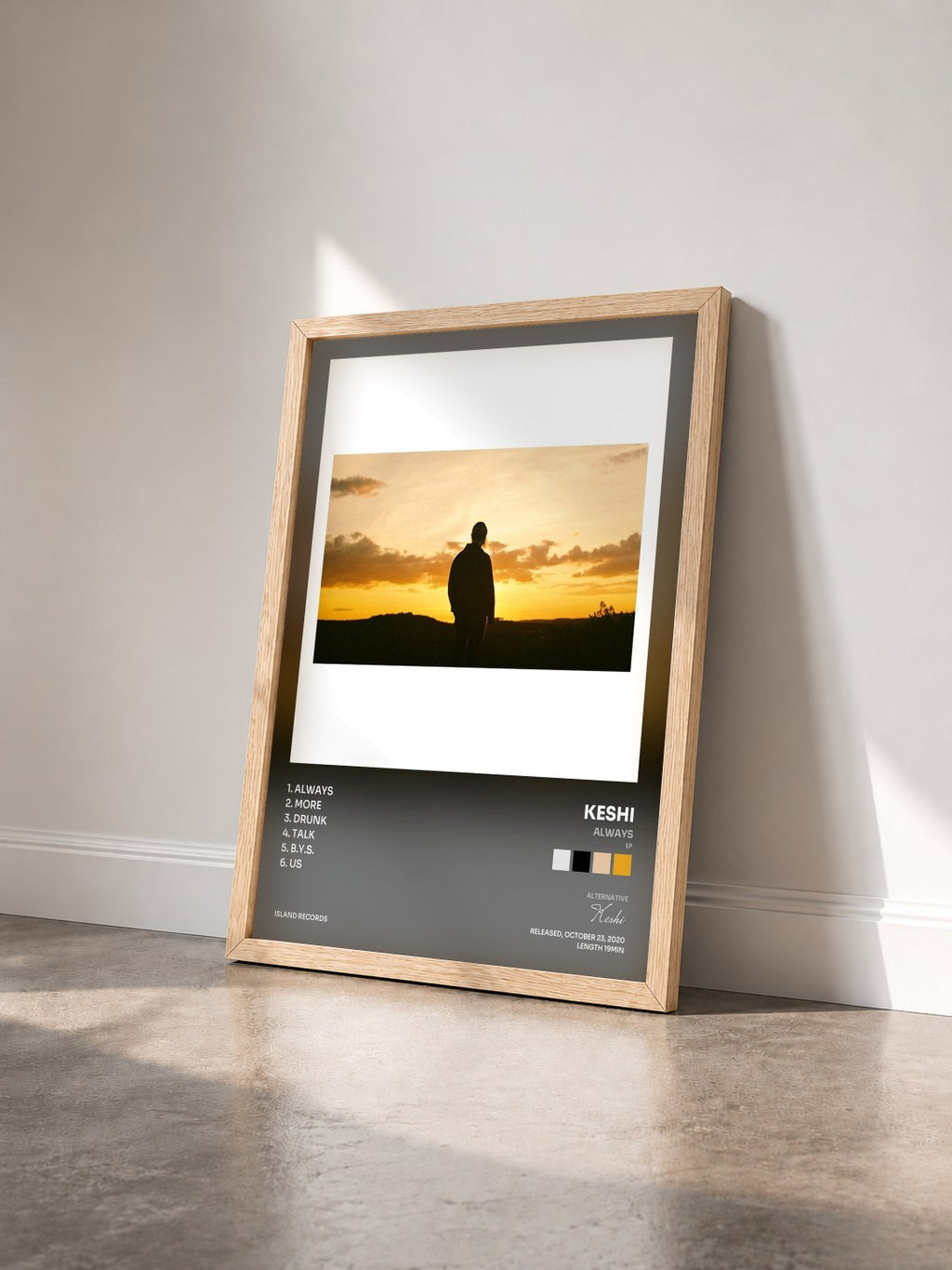 #bois Tableau de l'album always (EP) de Keshi vu de trois quarts, cadre en bois brut