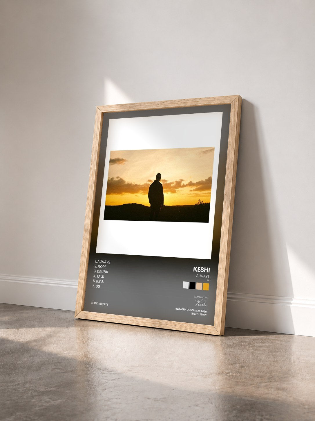 #bois Tableau de l'album always (EP) de Keshi vu de trois quarts, cadre en bois brut