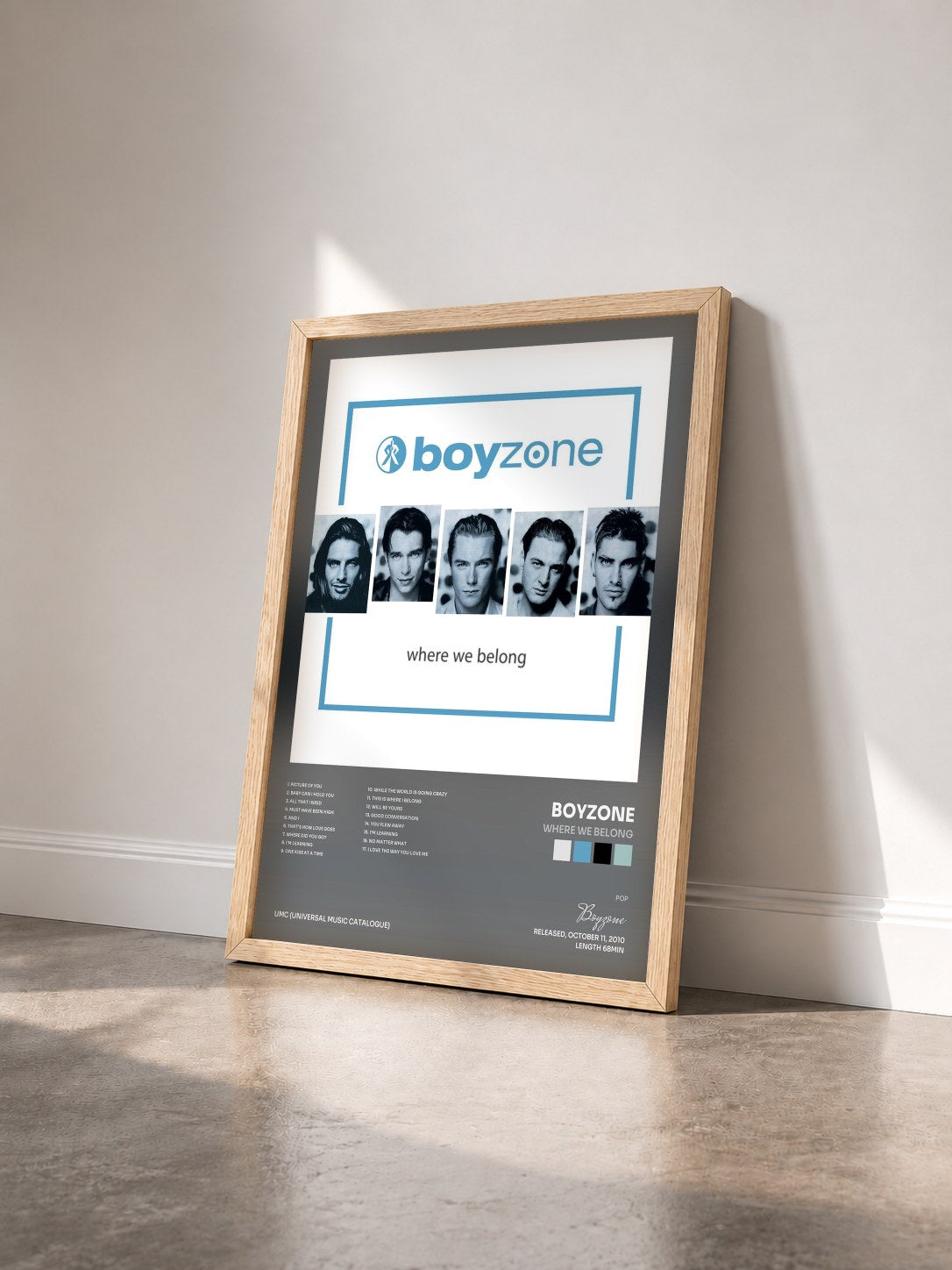 #bois Tableau de l'album Where We Belong de Boyzone vu de trois quarts, cadre en bois brut