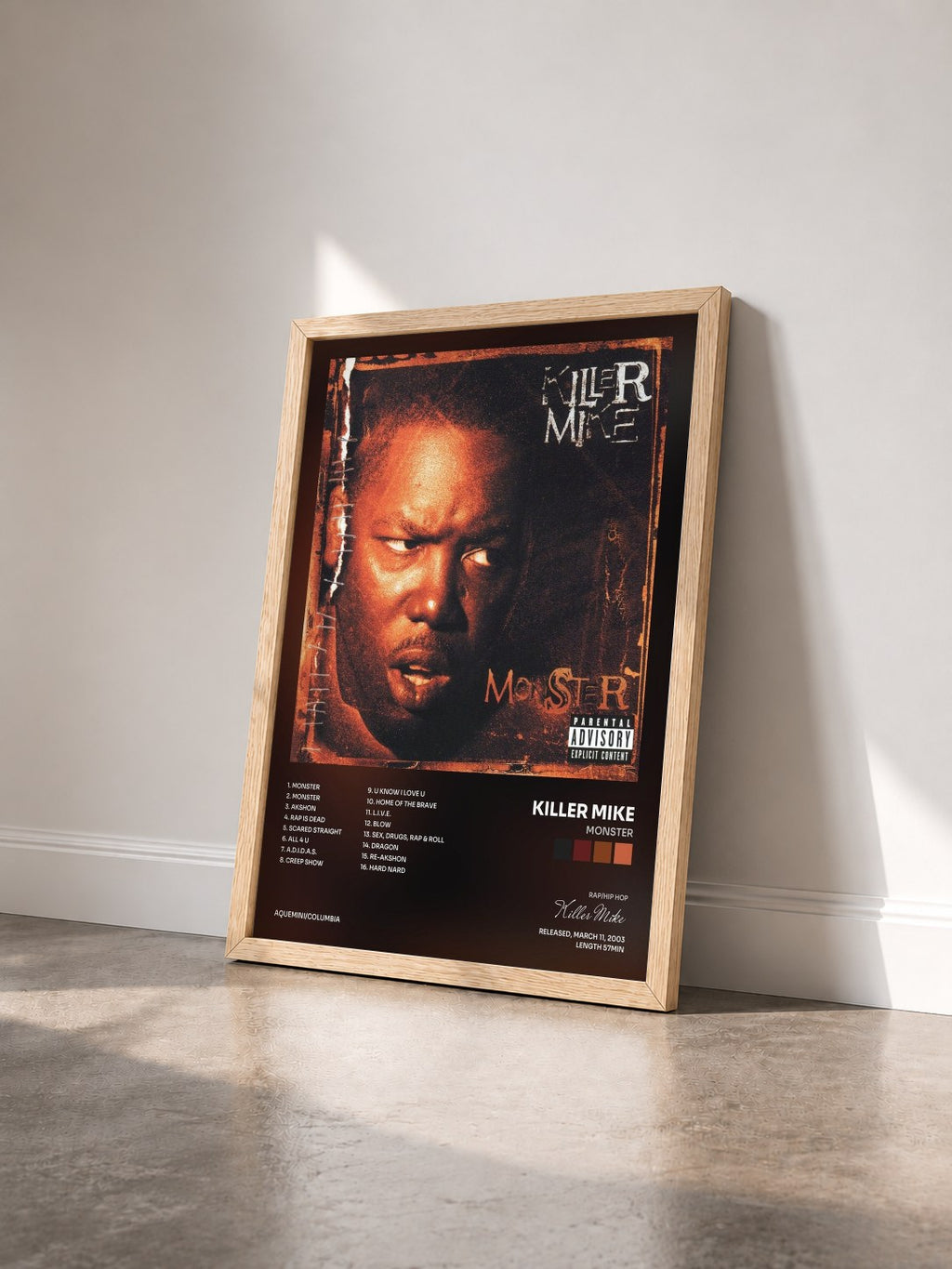 #bois Tableau de l'album Monster de Killer Mike vu de trois quarts, cadre en bois brut
