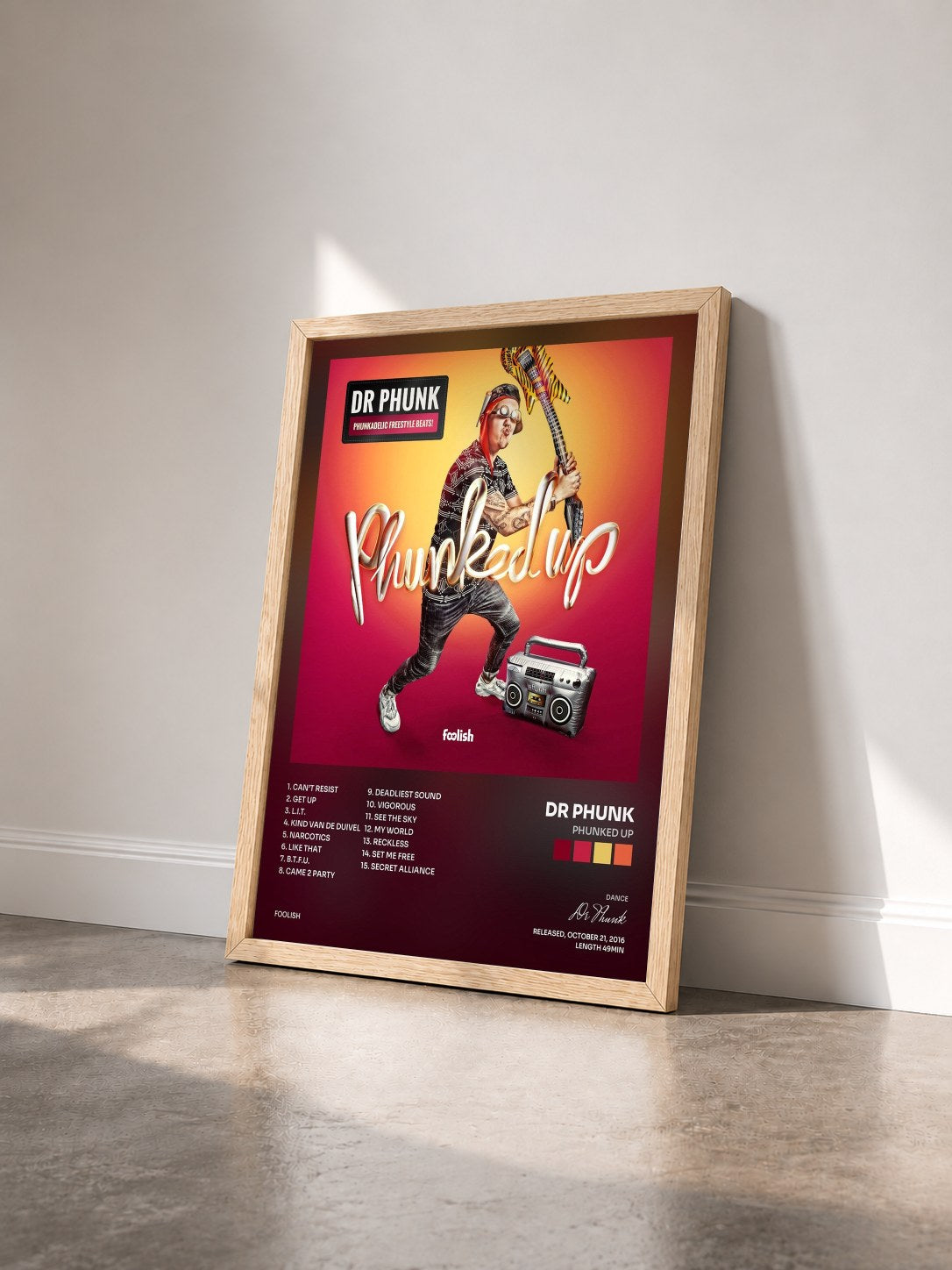 #bois Tableau de l'album Phunked Up de Dr Phunk vu de trois quarts, cadre en bois brut
