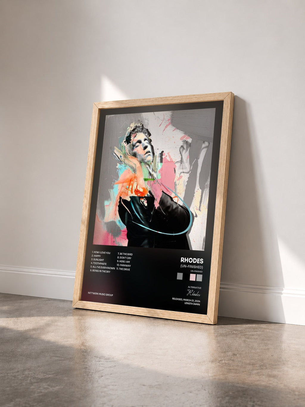 #bois Tableau de l'album (un-finished) de Rhodes vu de trois quarts, cadre en bois brut