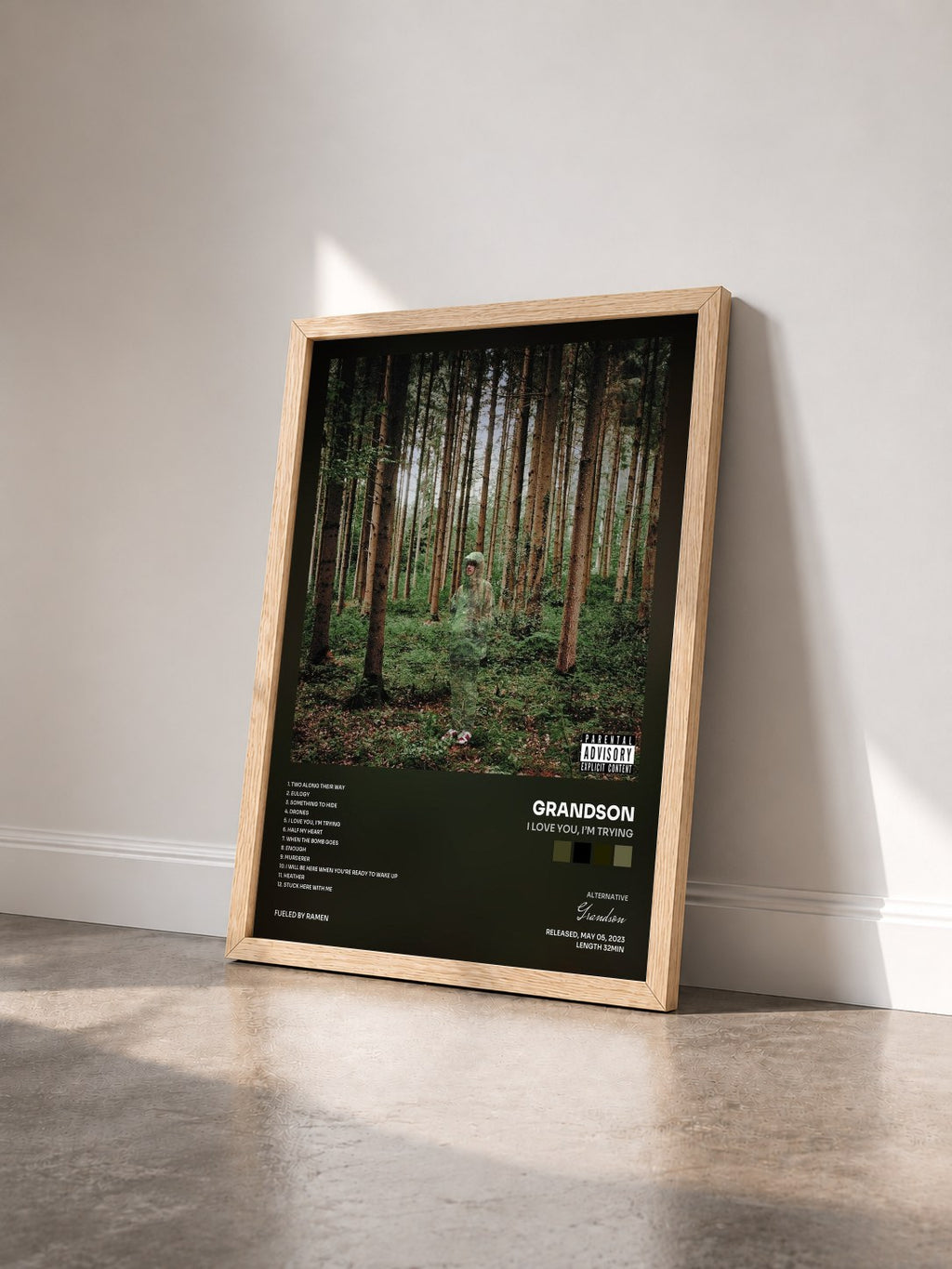#bois Tableau de l'album I Love You, I’m Trying de Grandson vu de trois quarts, cadre en bois brut