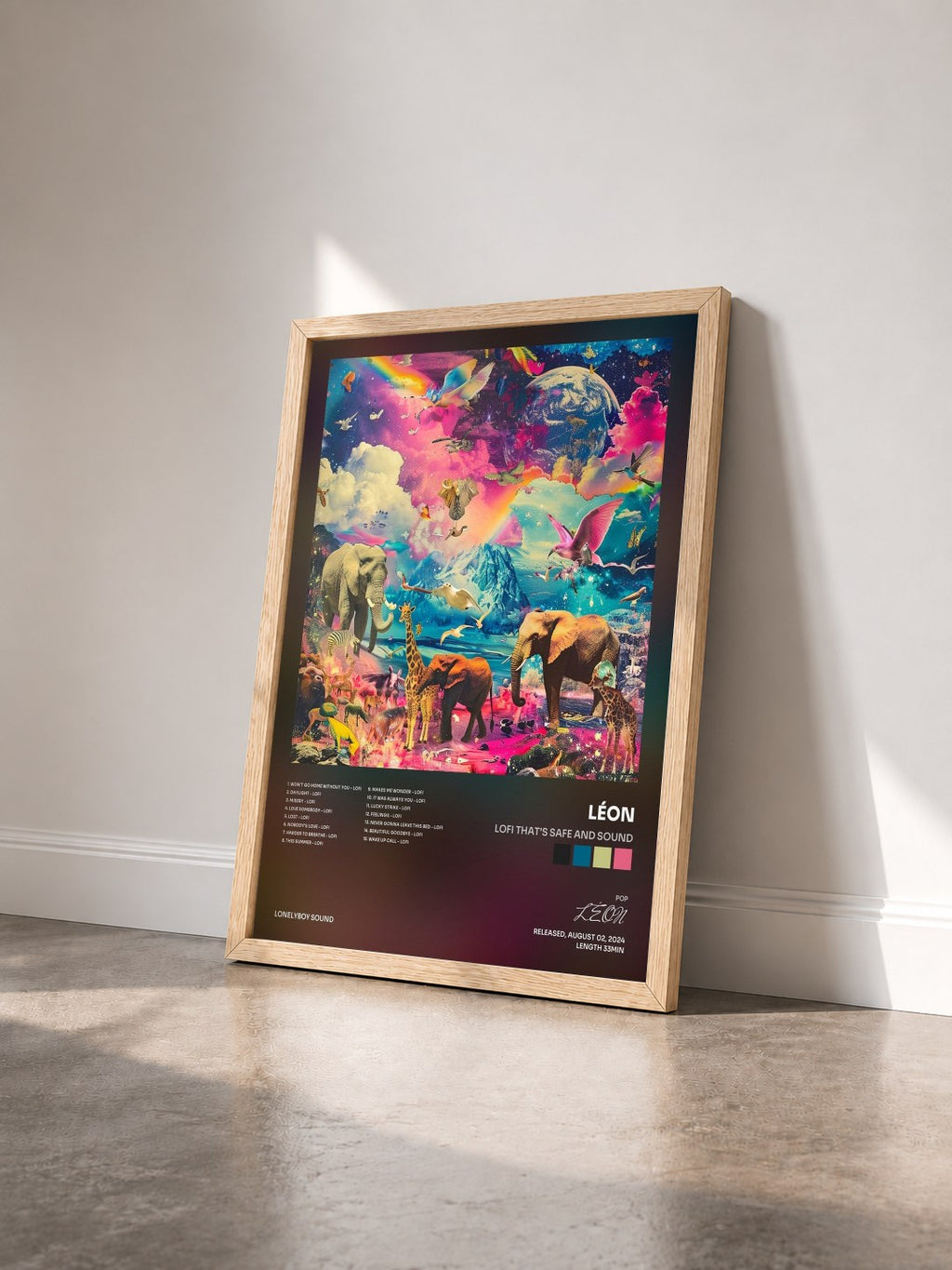 #bois Tableau de l'album lofi that's safe and sound de LÉON vu de trois quarts, cadre en bois brut