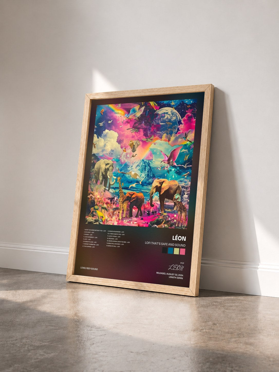 #bois Tableau de l'album lofi that's safe and sound de LÉON vu de trois quarts, cadre en bois brut