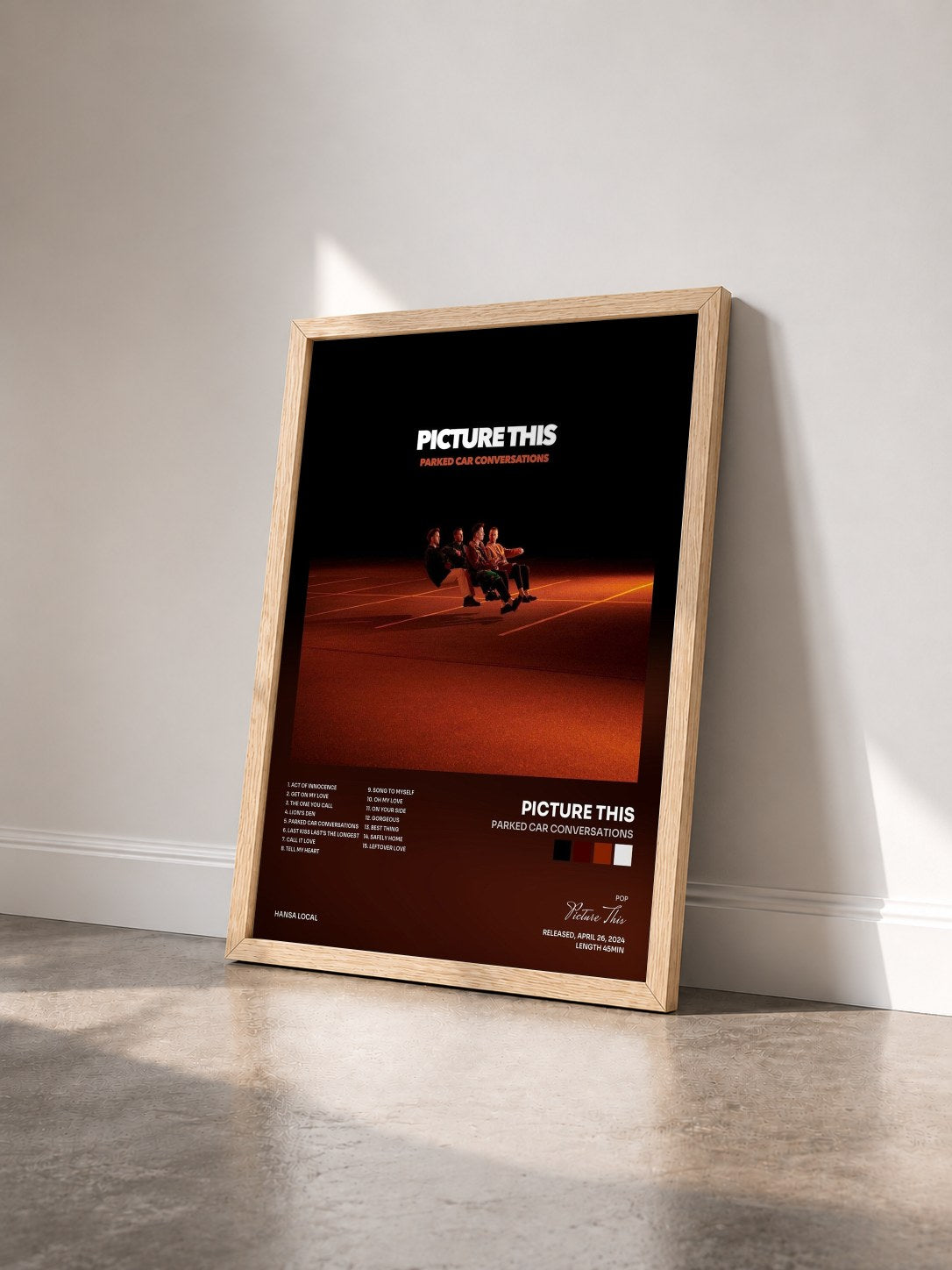 #bois Tableau de l'album Parked Car Conversations de Picture This vu de trois quarts, cadre en bois brut