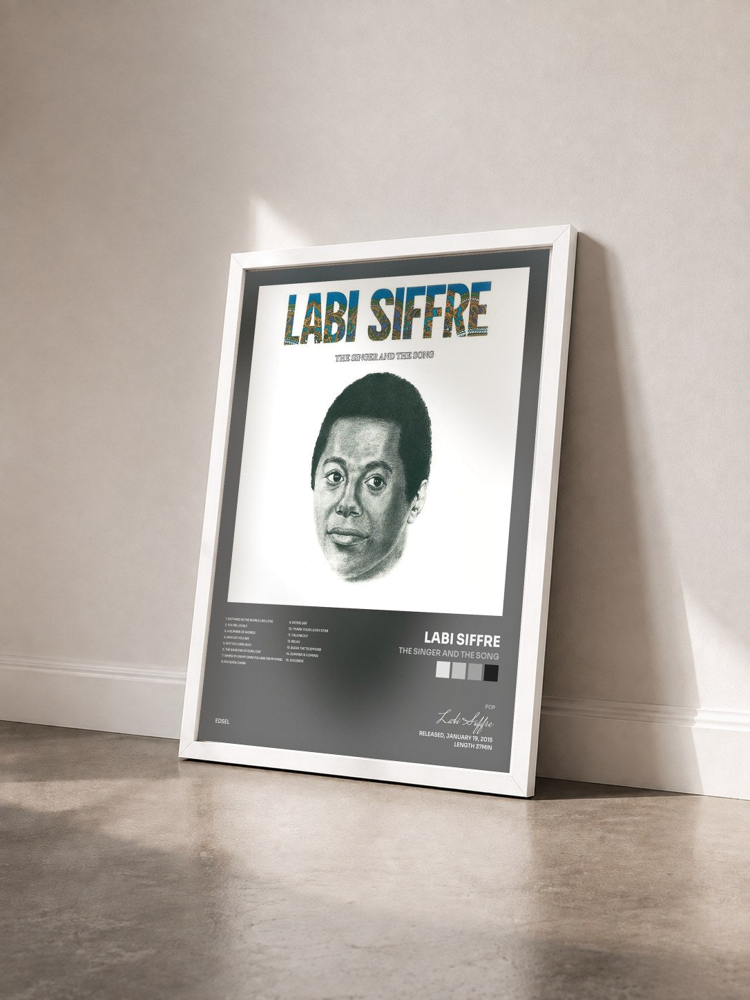 #blanc Tableau de l'album The Singer and the Song de Labi Siffre vu de trois quarts, cadre blanc