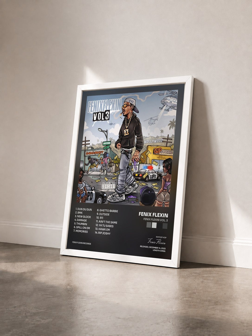 #blanc Tableau de l'album Fenix Flexin Vol. 3 de Fenix Flexin vu de trois quarts, cadre blanc